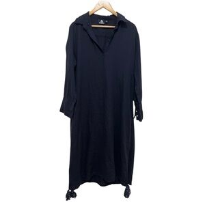 MADISON MADISON 100% Linen Kaftan Maxi Dress Tassels Size Medium Dark Navy Blue